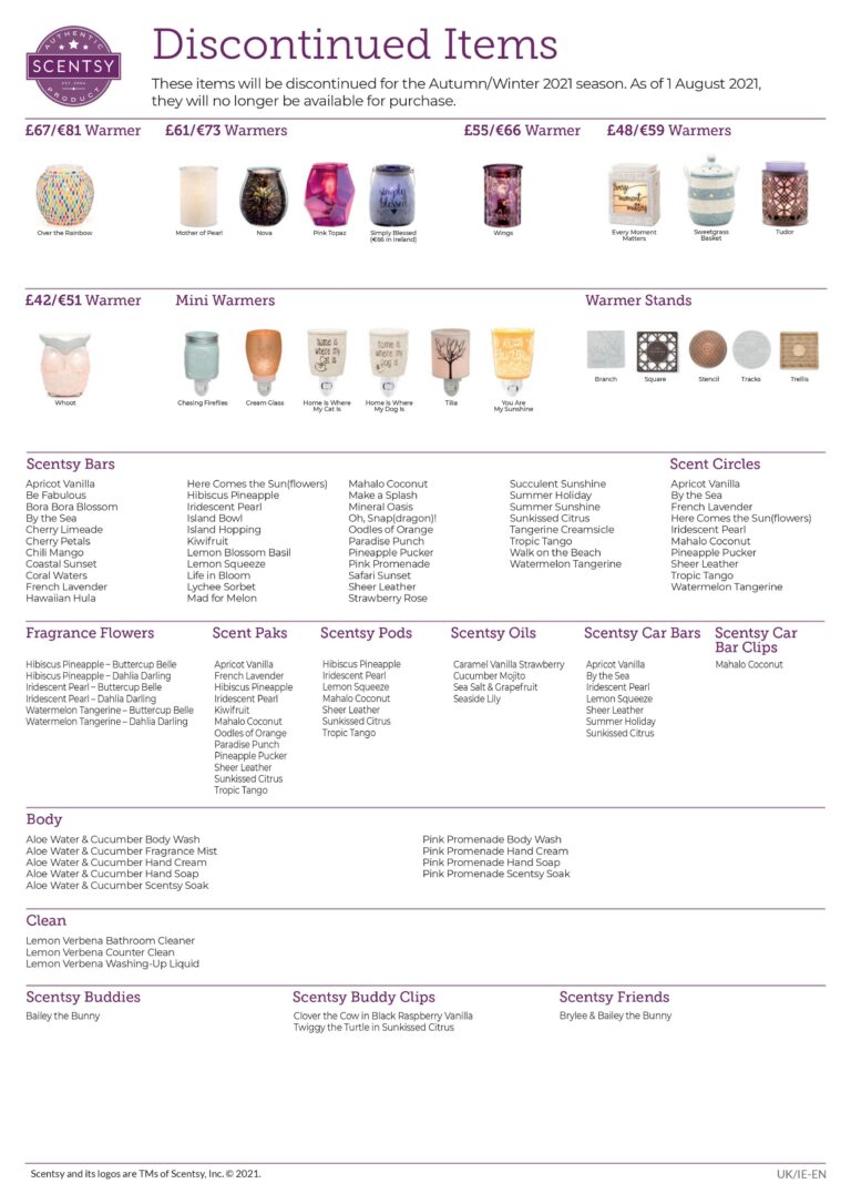 Scentsy Autumn / Winter 2021 Discontinued Items