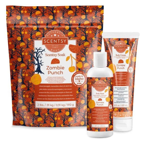 Includes one Body Cream (237 mL), one Body Wash (237 mL) and one Scentsy Soak (.91 kg) in our Zombie Punch fragrance. Zombie Punch: Island pineapple and maraschino cherry reanimate the depths of dark rum.