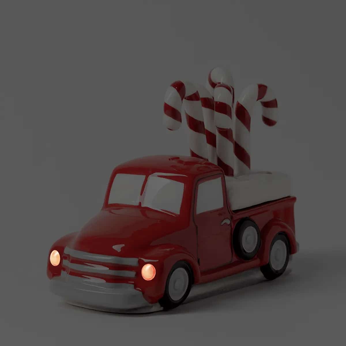 Red Retro Truck Warmer with Candy Cane Topper Dark Setting Red Retro Truck Warmer with Candy Cane Topper Dark Setting